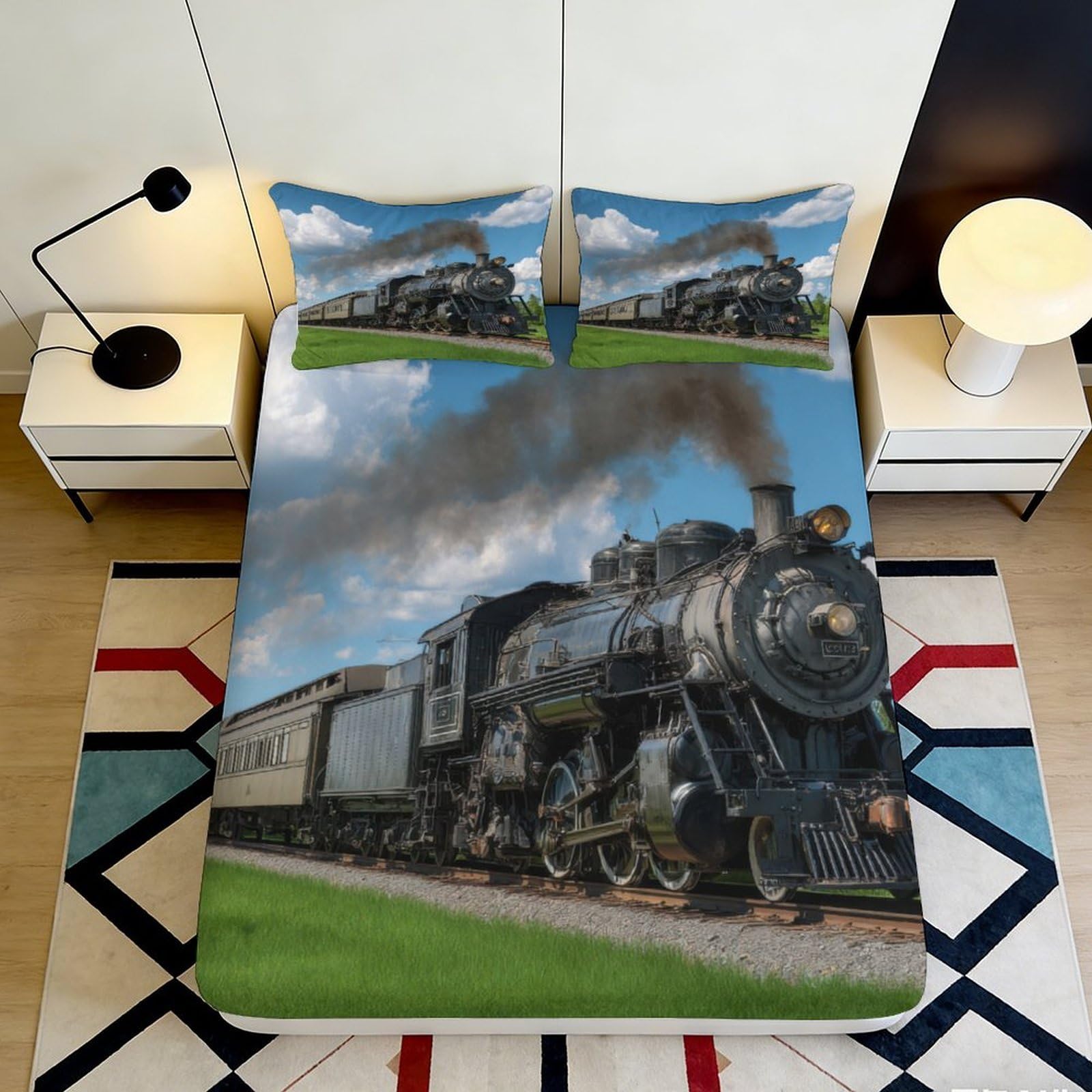 3D Printed Steam Train Fitted Sheet Microfiber Soft Railway Bed Cover for Bedroom Dorm Mattress Protection Decor 90x200x25cm