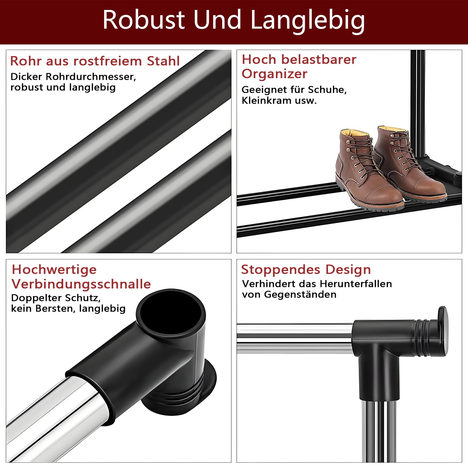 Kleiderständer mit Rollen Tragbarer Kleiderständer Höhenverstellbare Stabiler Kleiderstange 90-160cm Ausziehbare Hängeschienen Metallrahmen Schwarz für Schlafzimmer Waschräume