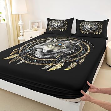 Starry Sky Galaxy Bed Sheet Set 3 Pieces,Tribal Boho Wild Animals Microfiber Bedding Set with Flat,Wolf Dream Catcher Fitted Sheet,2 Pillow Cases,Full Size
