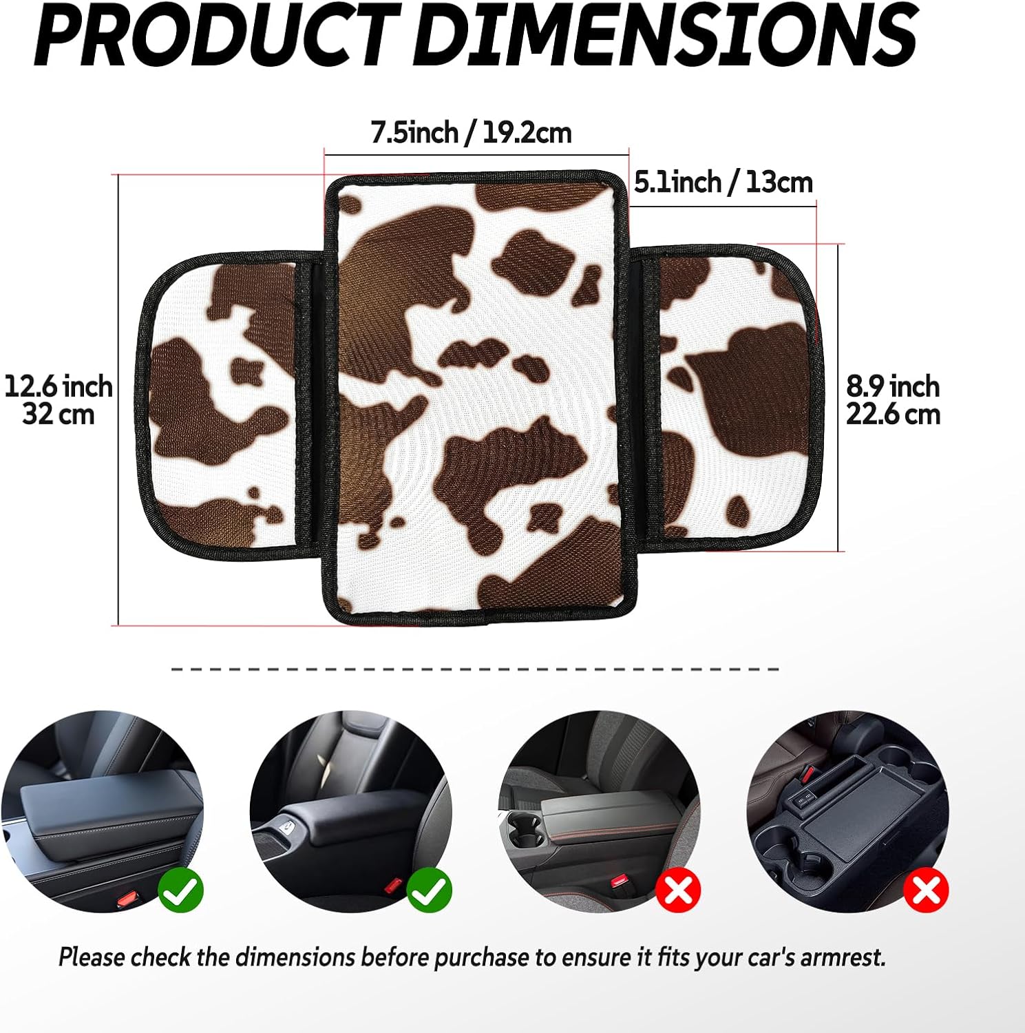 Cow Print Armrest Cover with 2 Side Pockets & Storage Bags, Cute Cow Car Decor,Center Console Cover Pad Organizer, Cow Pattern Cushion Mat,Interior Accessories for Most Vehicles (Brown Cow)