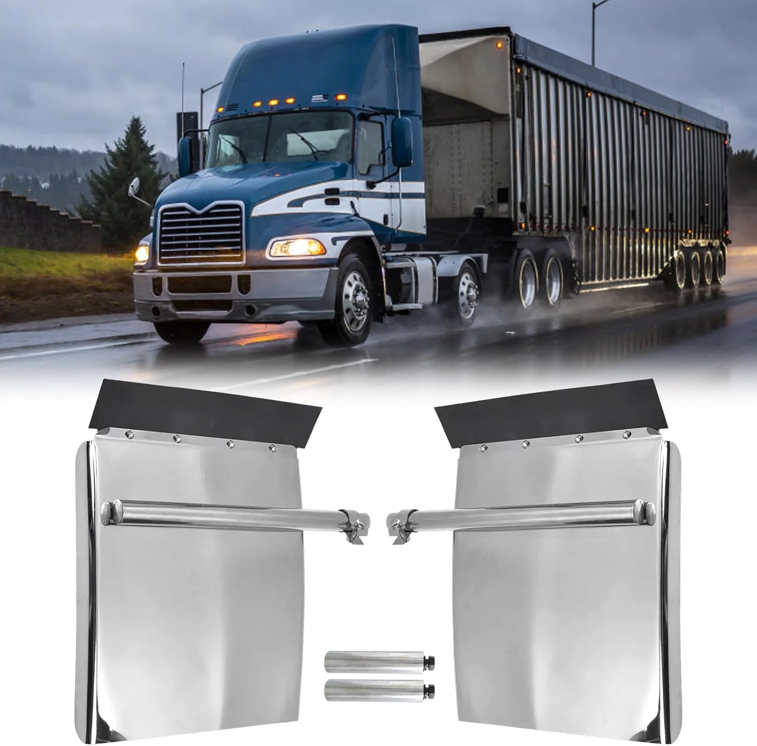 24" x 24" Stainless Steel Quarter Fenders Kit Set for Semi Truck with Tube Bracket and Mounting Hardware Half Fenders Fit for Freightliner,Kenworth,Volvo,Peterbilt,etc(1 Pair)