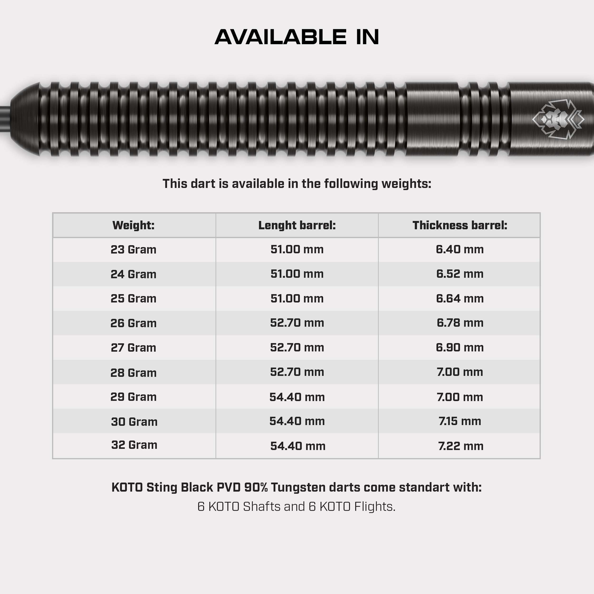 KOTO – Sting Black 90% Tungsten Darts, 23G, Czarny, Rzutki Steel Tip Zestaw | 23G Rzutki Steel Tip, Wolframowe Lotki 90%, W Zestawie 3 Grociki, 6 Lotek & 6 Shaftów, Z Etui, Ring Grip, Straight, Grawer