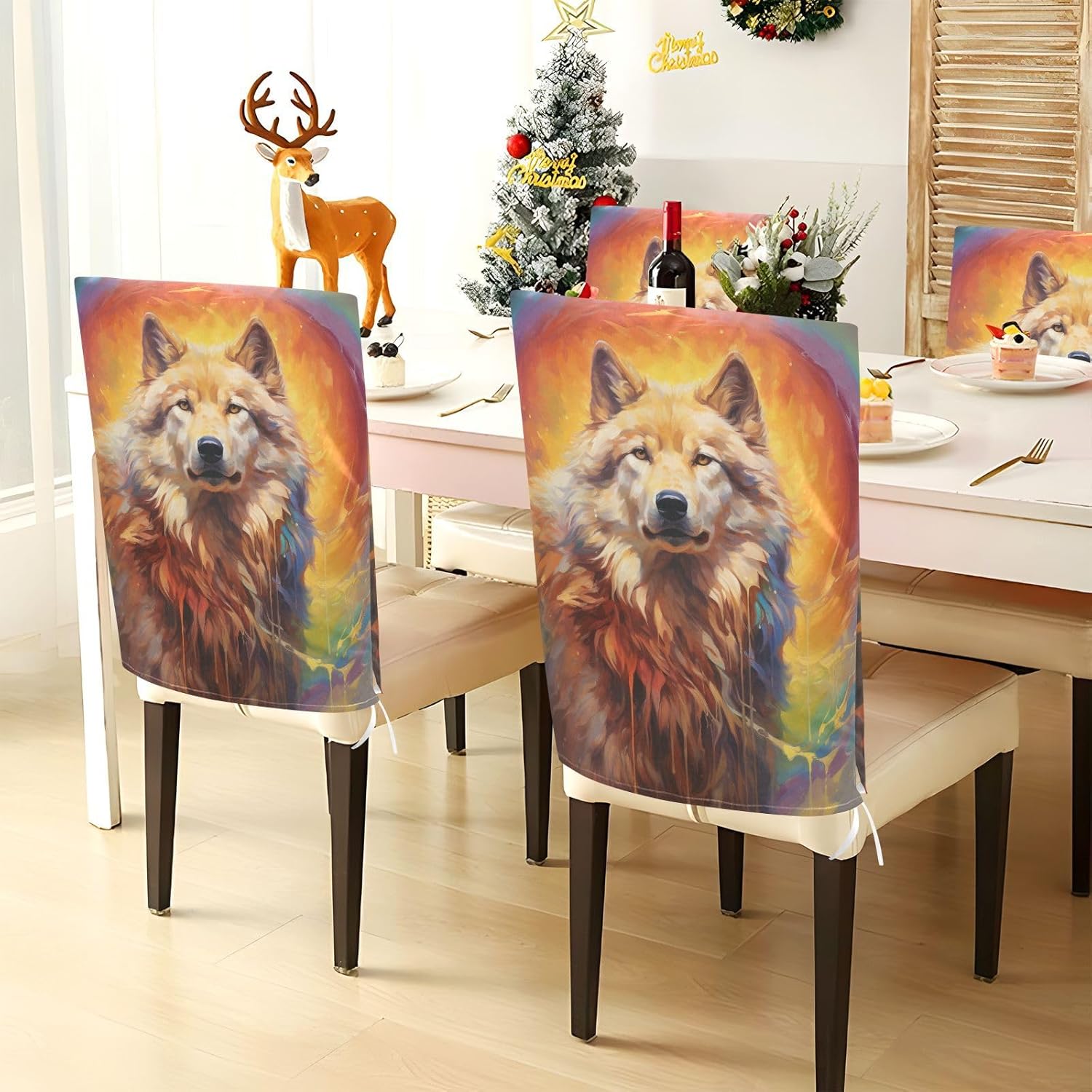 ALAZA Colorful Wolf Chair Back Cover Set of 6, Washable Reusable Removable Chair Slipcovers Decorative Chair Cover for Home Kitchen Wedding Party