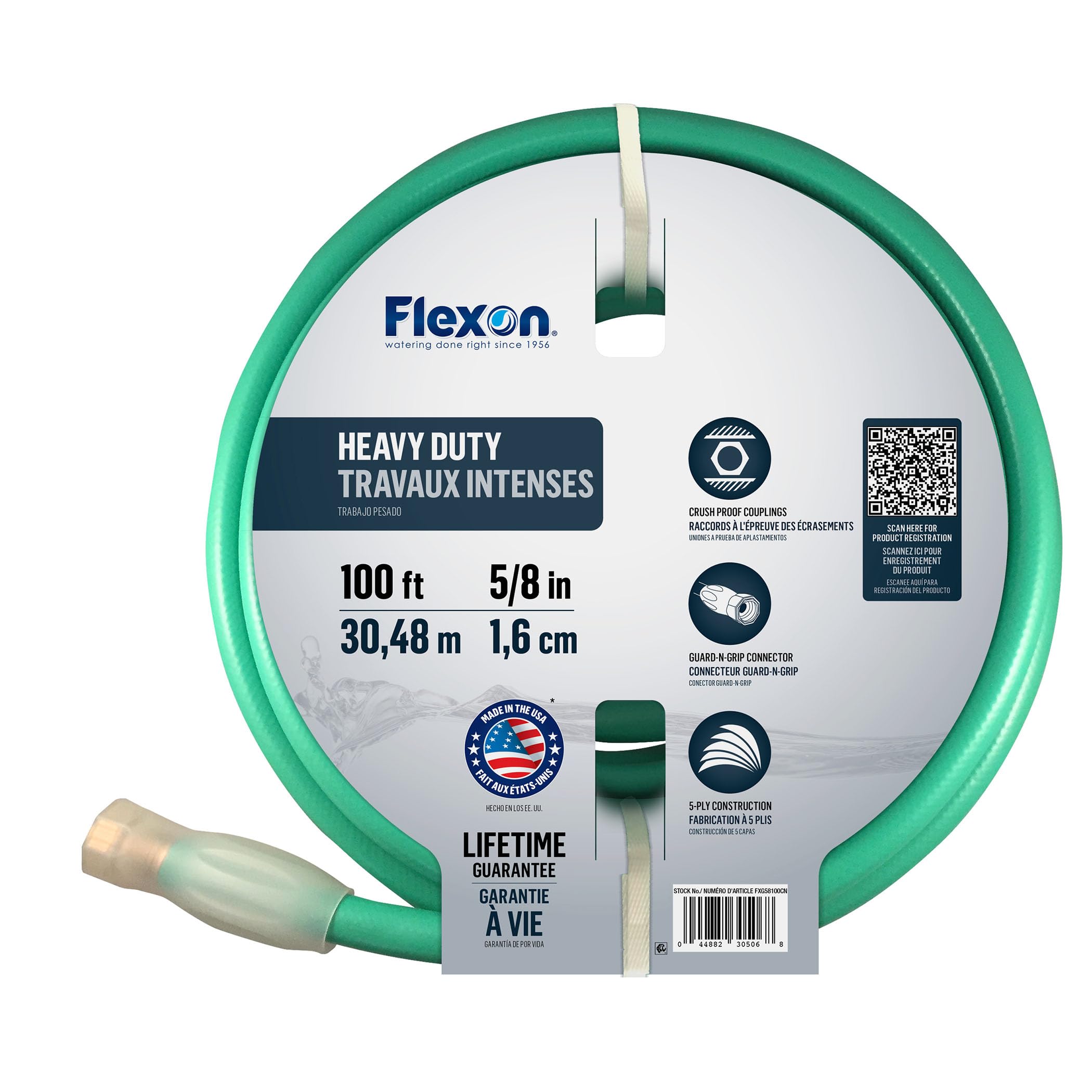 5/8-Inch x 100-Foot Heavy Duty 5-Ply Garden Hose by Flexon – 100 FT, Polyvinyl Chloride (PVC), Green, Model FXG58100CNEC