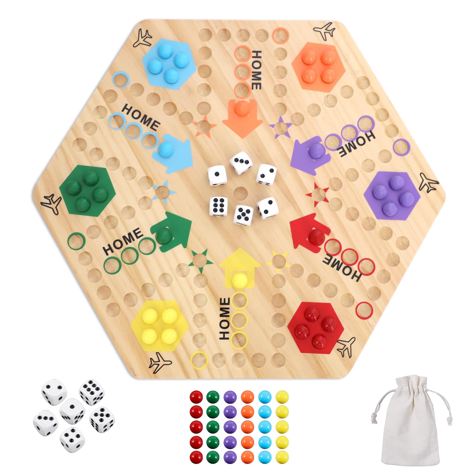 Sponsored Ad – Large Marble Wahoo Board Game 2 Sided Painted Wooden Fast Track Board Game for 6 and 4 Players 6 Colors 30 Marbles 6 Dices for Family Friends and Party (Log)