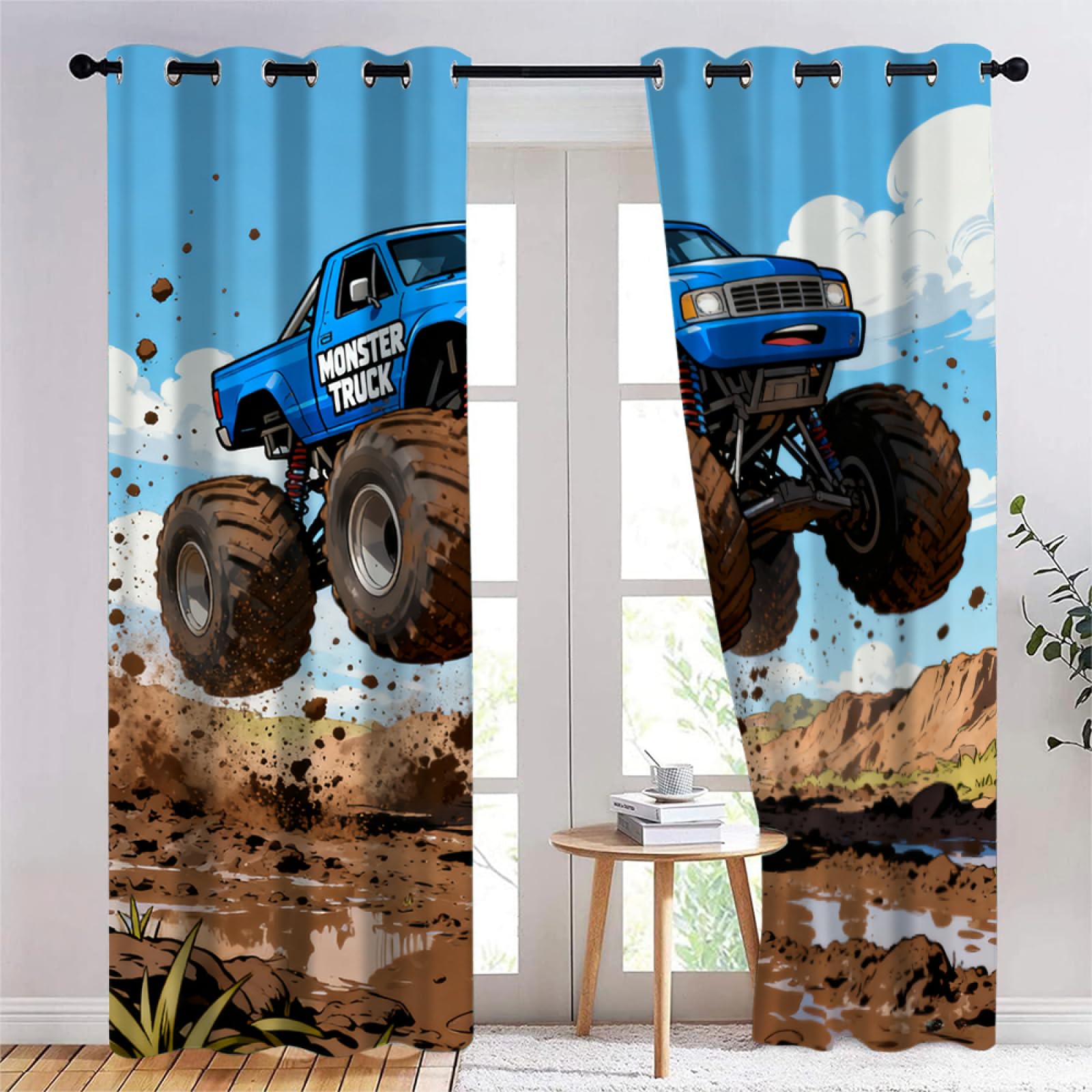 Monster Truck Chambre Rideau Occultant,Camion de Dessin animé Rideaux Oeillets,Bandes dessinées américaines Salon Draperies,d'illustration Panneaux de Rideaux intérieurs L132 x H214cm 2 Panneaux