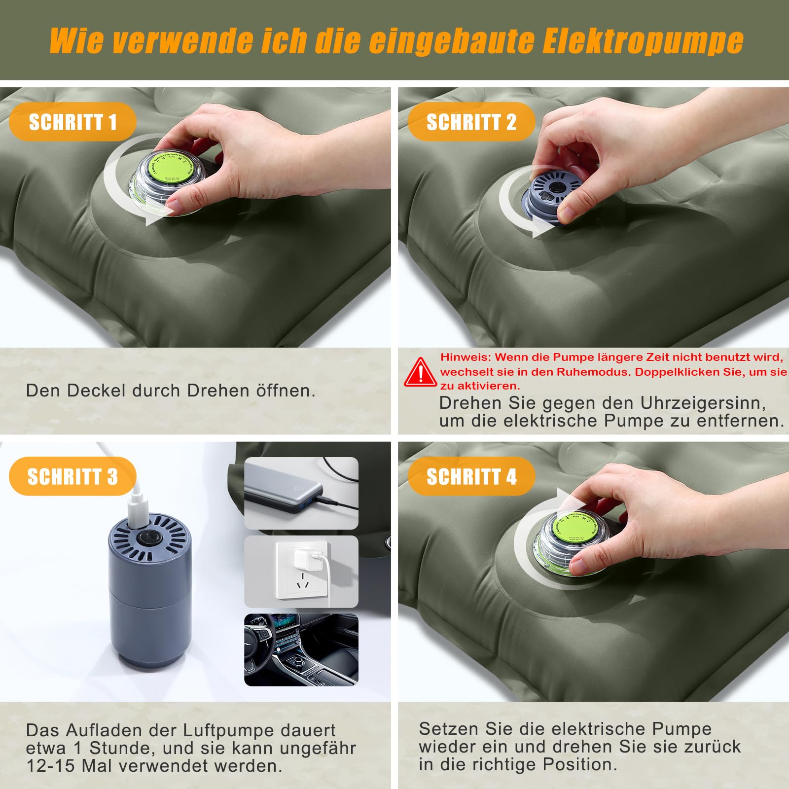 WARMTUYO Materassino da Campeggio Autogonfiante con Pompa Elettrica Integrata, 12cm Spesso Gonfiabile con Cuscino, Impermeabile, Antiscivolo, Super Spesso per Tenda, Viaggi, Escursioni Outdoor