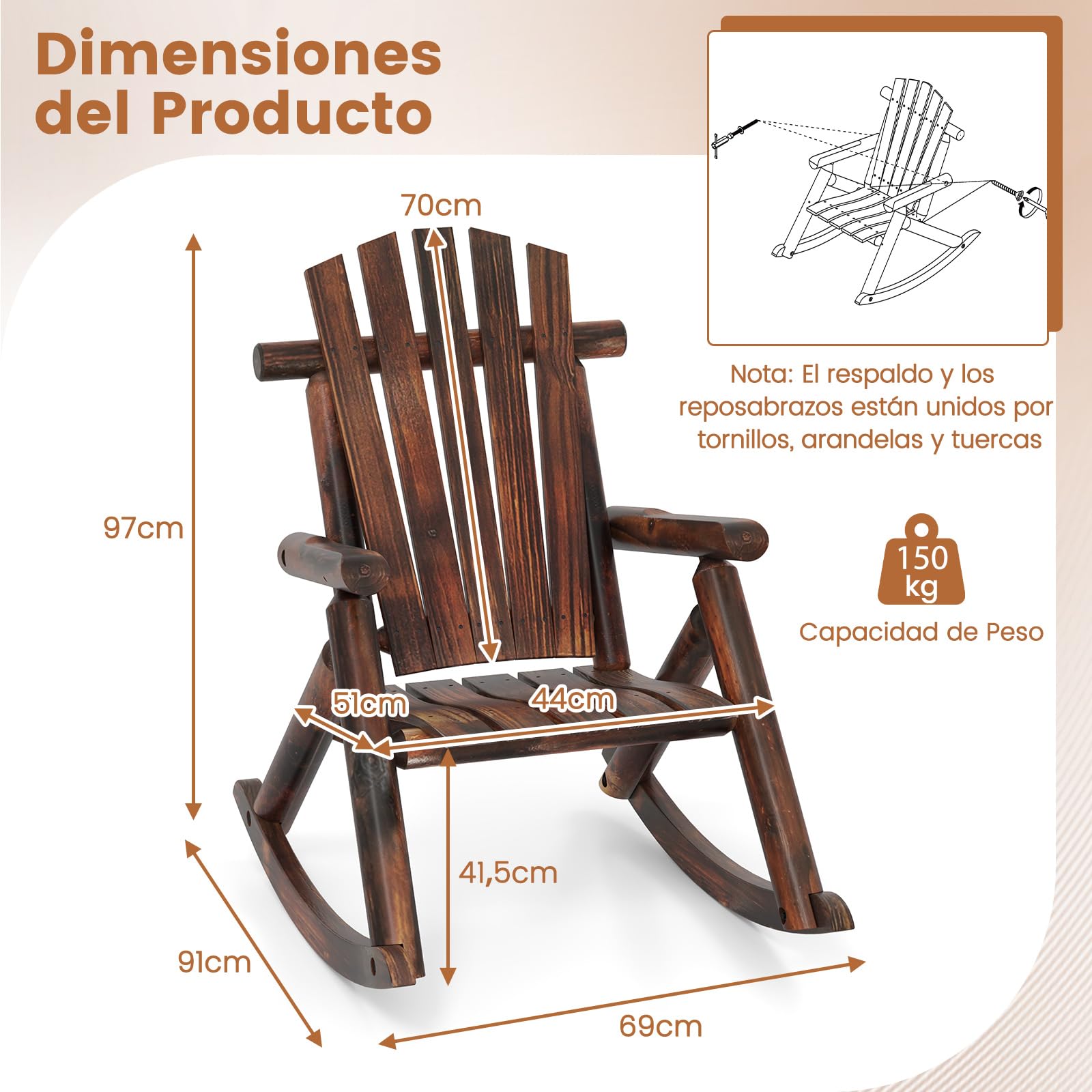 COSTWAY Silla Mecedora Adirondack para Adultos, Mecedora Madera Maciza con Respaldo Alto y Asiento de Listones, Sillon Jardin Balcón Terraza Exterior, 91 x 69 x 97 cm, Carga 150kg
