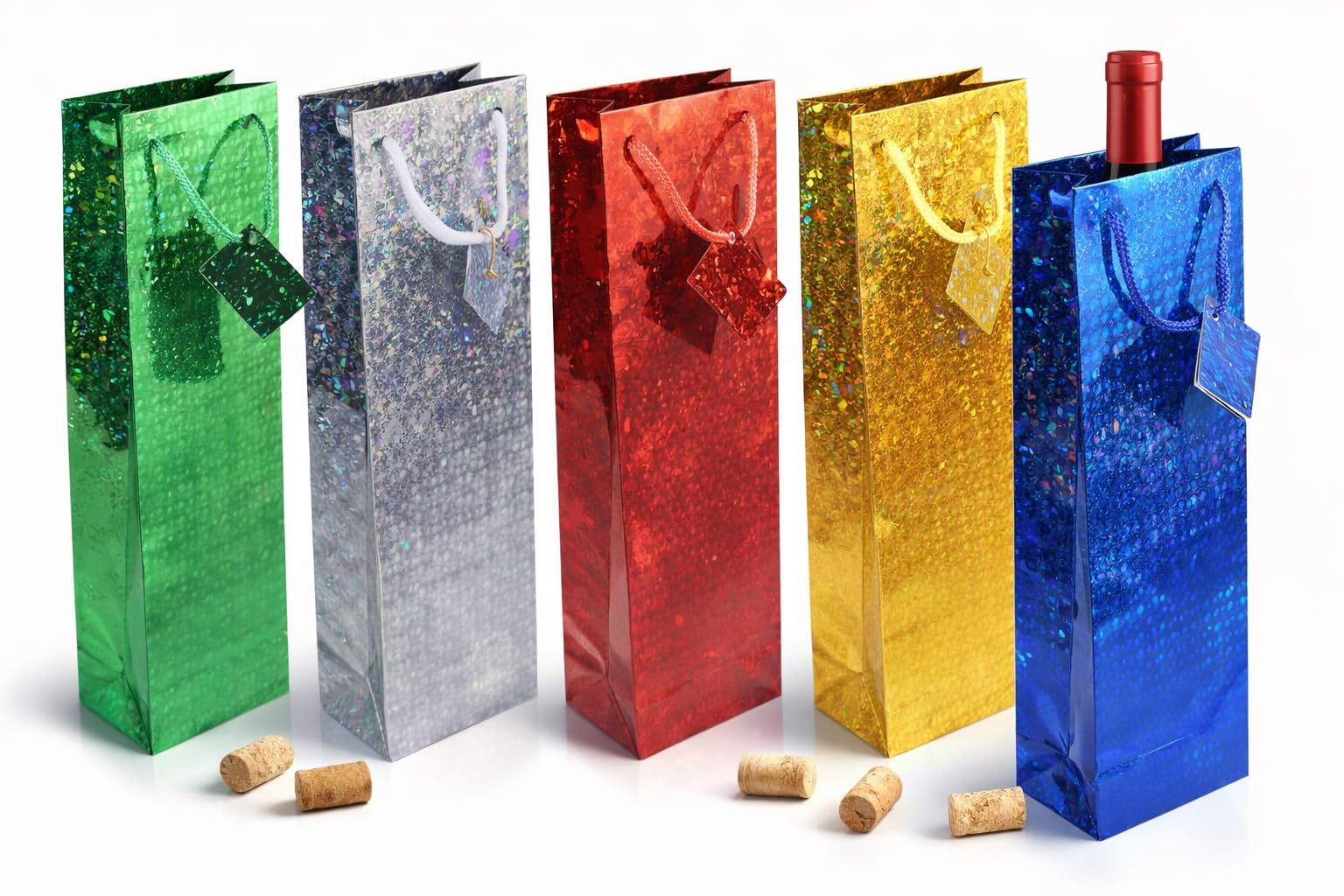 Holographic Wine Gift Bags with Handles, Foil Bottle Gift Bags, Assorted Colour Paper Wine Bags for Presents, Birthday, Christmas, Wedding & Party (12 x 10 x 36 cm) (40)
