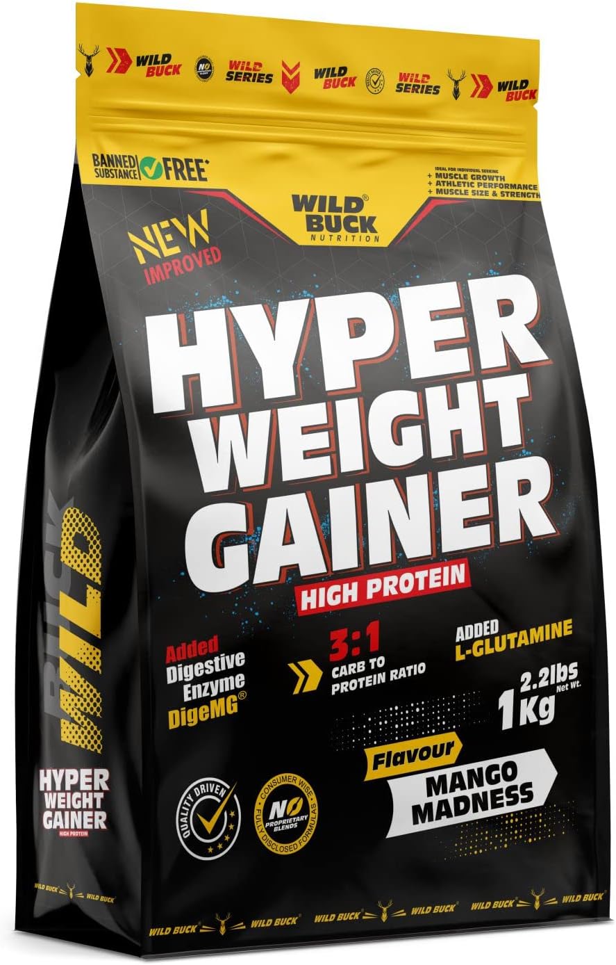 Hyper Weight Gainer Powder High Protein Muscle Mass & Weight Gainer With L-Glutamine & Digestive Enzymes For Muscle Gain| For Men & Women [Mango Madness,1 Kg / 2.2 Lb],1 count,1000 grams