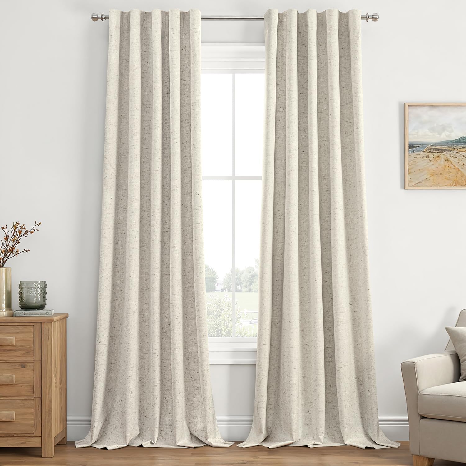 Cream Beige Linen Blackout Curtains 96 inches Long 2 Panels for Bedroom Back Tab Thermal Insulated 100% Black Out Drapes Pinch Pleated Hooks Room Darkening Window Curtain for Living Room, 42 x 96 Inch