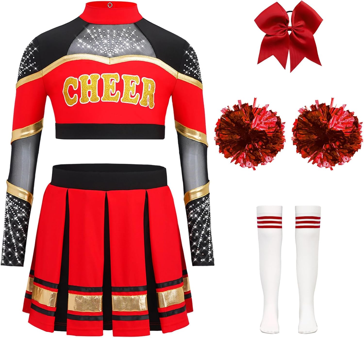 Jhaoyu Kids Girls Cheer Leader Uniforms Long Sleeve Top with Pleated Skirt Cheerleading School Dress Outfits