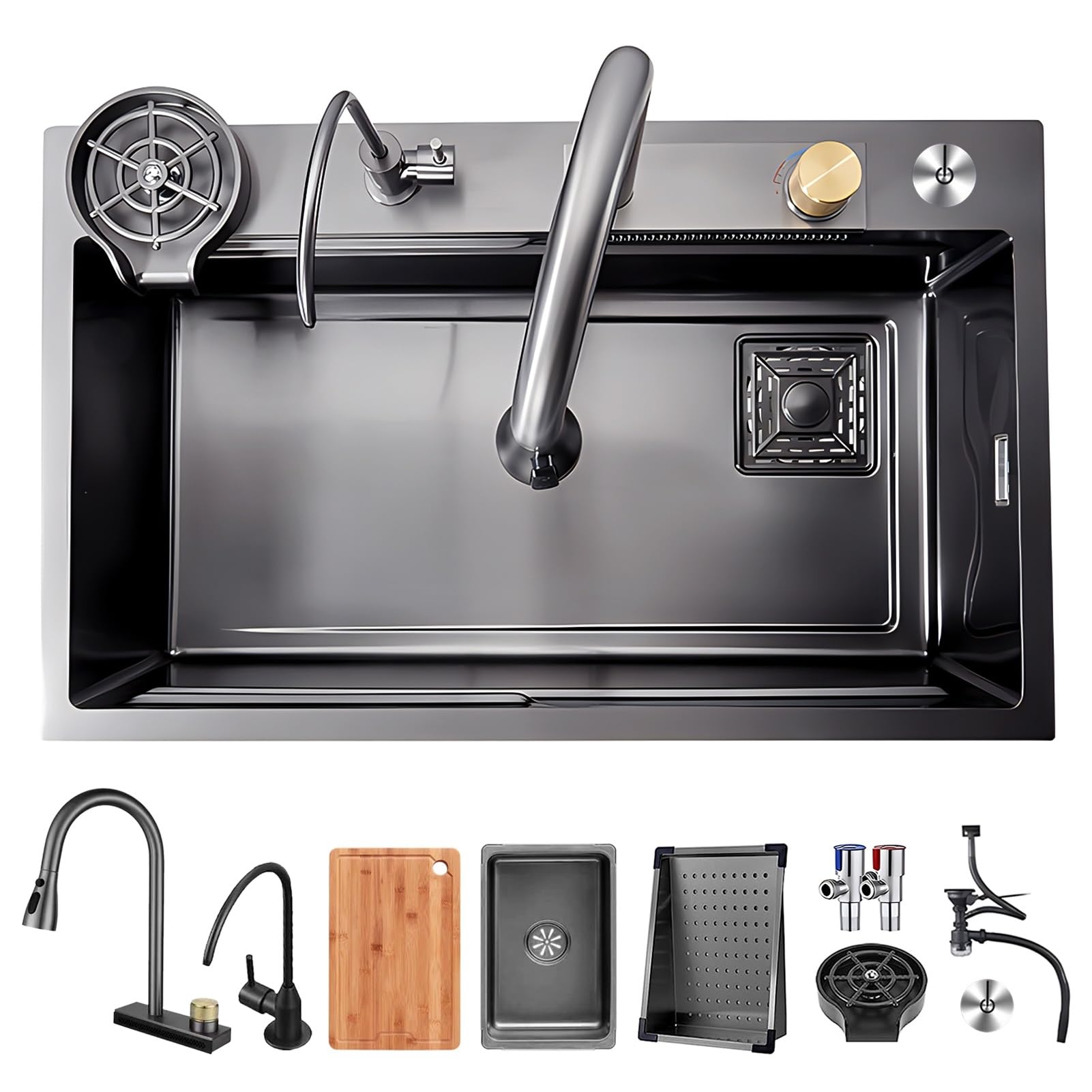 ZQFHSX Large Workstation Kitchen Sink, Multifunctional Bar Prep Sink With Waterfall Faucet, Cup Washer & Drain Kits, Stainless Steel Farmhouse Drop In Single Bowl Utensil Sink(A,75x45x21cm)