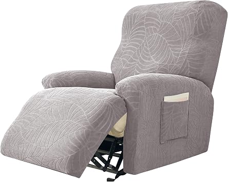 Stretch Recliner Chair Cover, 4-Pieces Soft Jacquard Recliner Slipcovers Lazyboy Reclining Covers Non Slip Furniture Protector with Pocket Light Grey