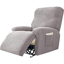 Stretch Recliner Chair Cover, 4-Pieces Soft Jacquard Recliner Slipcovers Lazyboy Reclining Covers Non Slip Furniture Protector with Pocket Light Grey