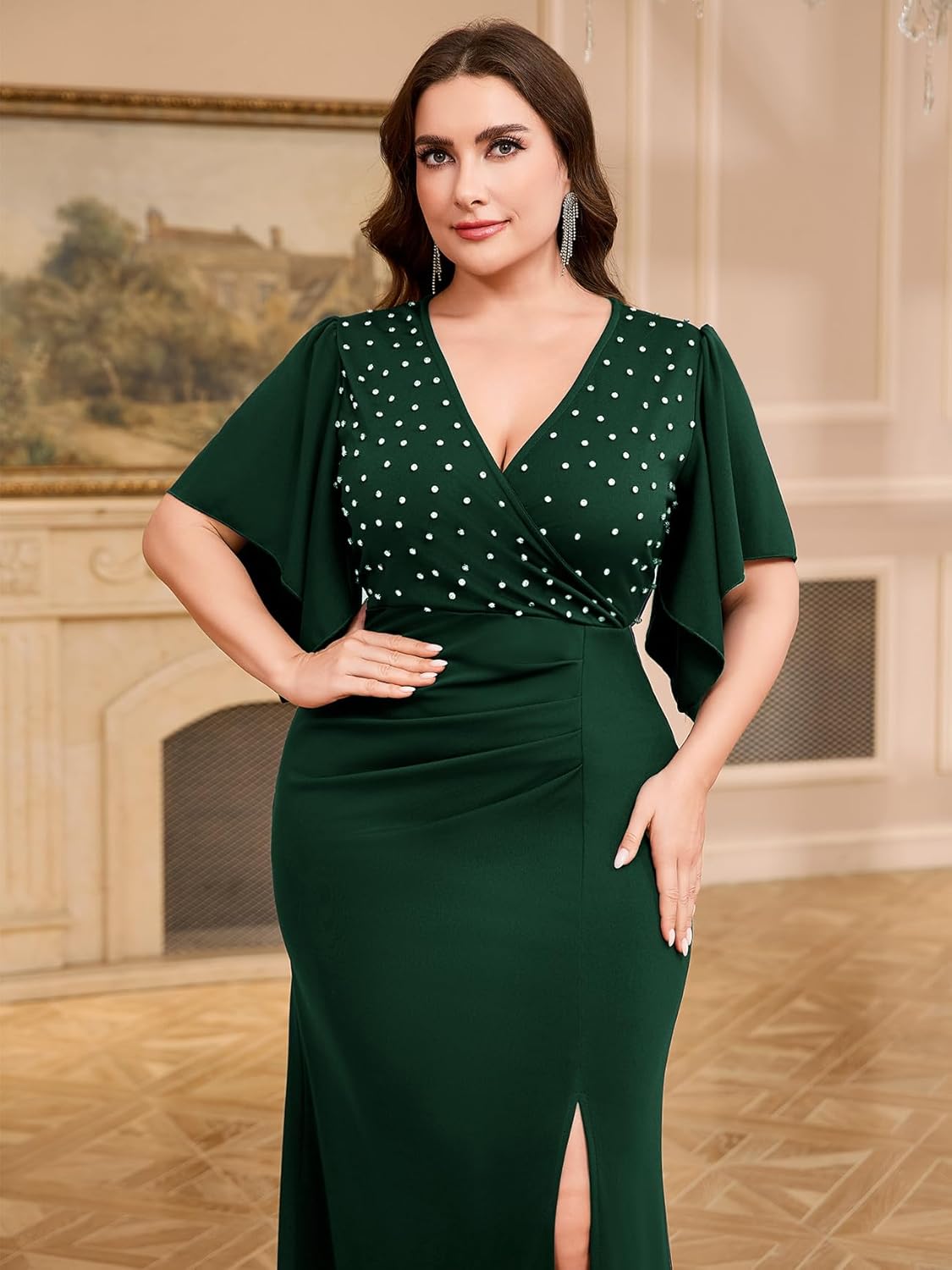 CYCLAMEN Plus Size Formal Maxi Dress V Neck Rhinestone Evening Gown with Handkerchief Sleeves and High Slit for Party