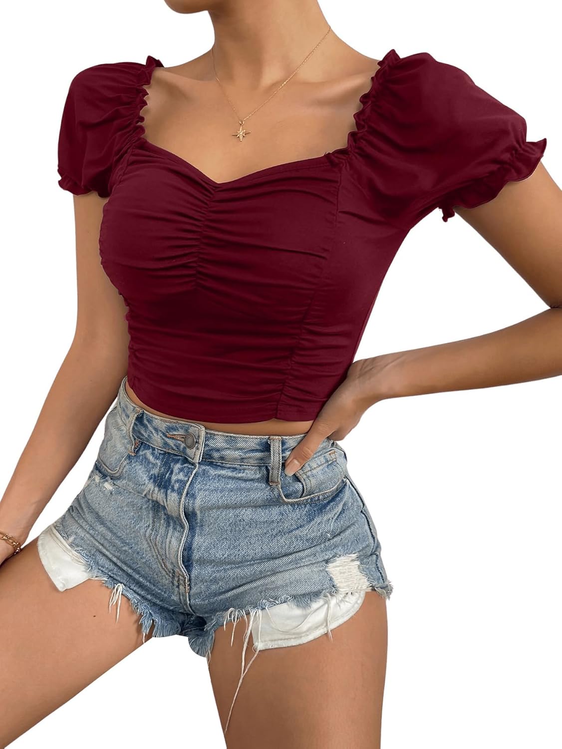 SweatyRocks Women's Ruched Short Puff Sleeve Tops Sweetheart Neck Frill Trim Elegant Shirts Crop Tops - Image 6