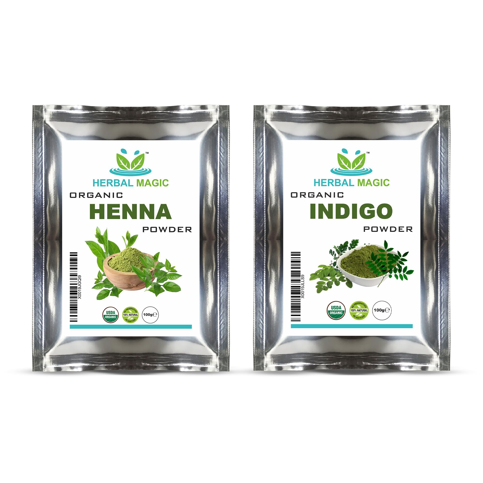 Herbal MagicOrganic Henna Powder (100g) + Organic Indigo Powder(100g) for Hair Dye, USDA,Chemical Free Hair Coloring, Natural Hair Mask, Combo Pack,Premium QualityUSDA Organic