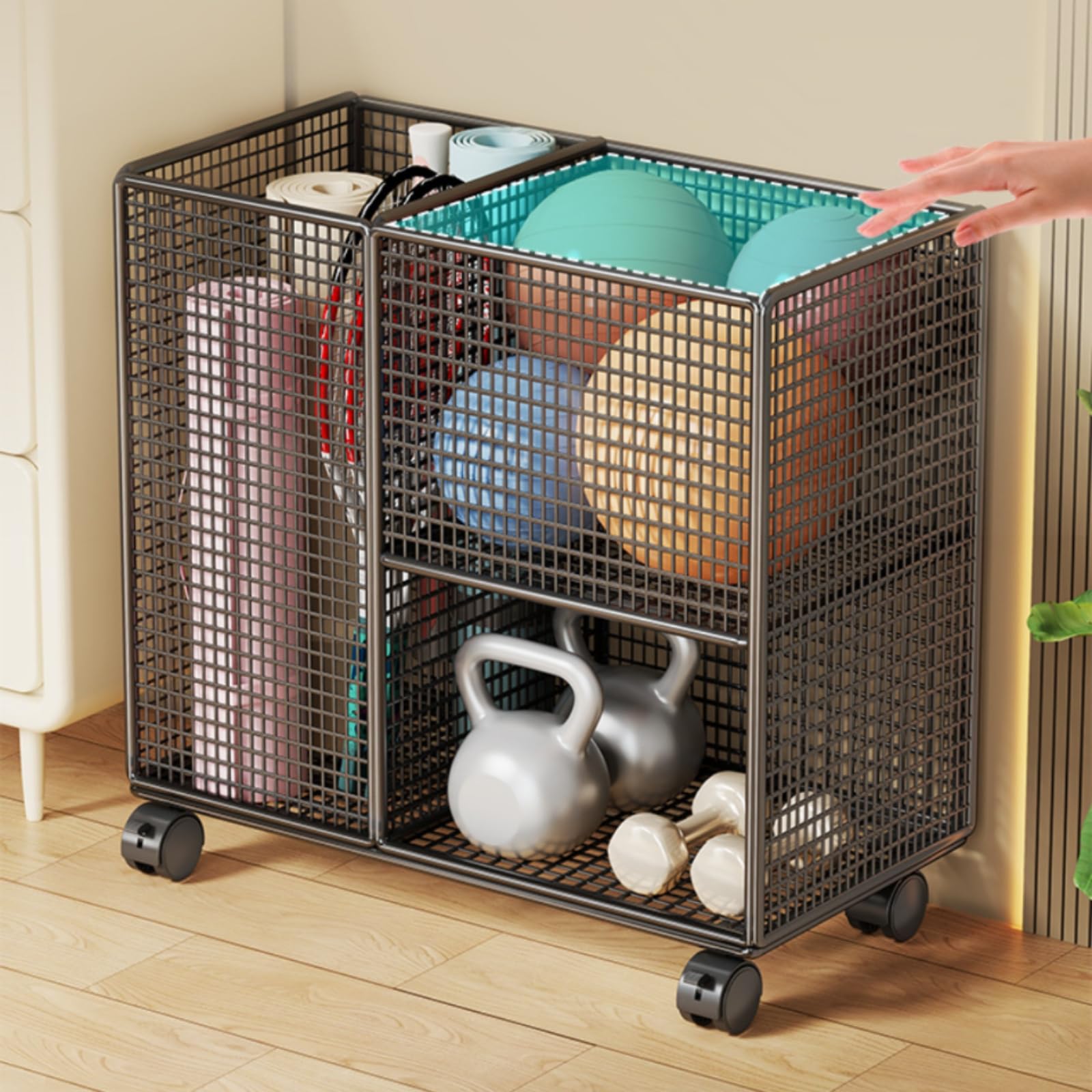Organizer Carrello Scaffale Palestra Organizzatore Attrezzi Contenitore in Rete a Due Livelli con Ruote Piroettanti E Struttura Compatta 50 Cm X 28 Cm X 43 Cm Adatto a Palestra, Bianco