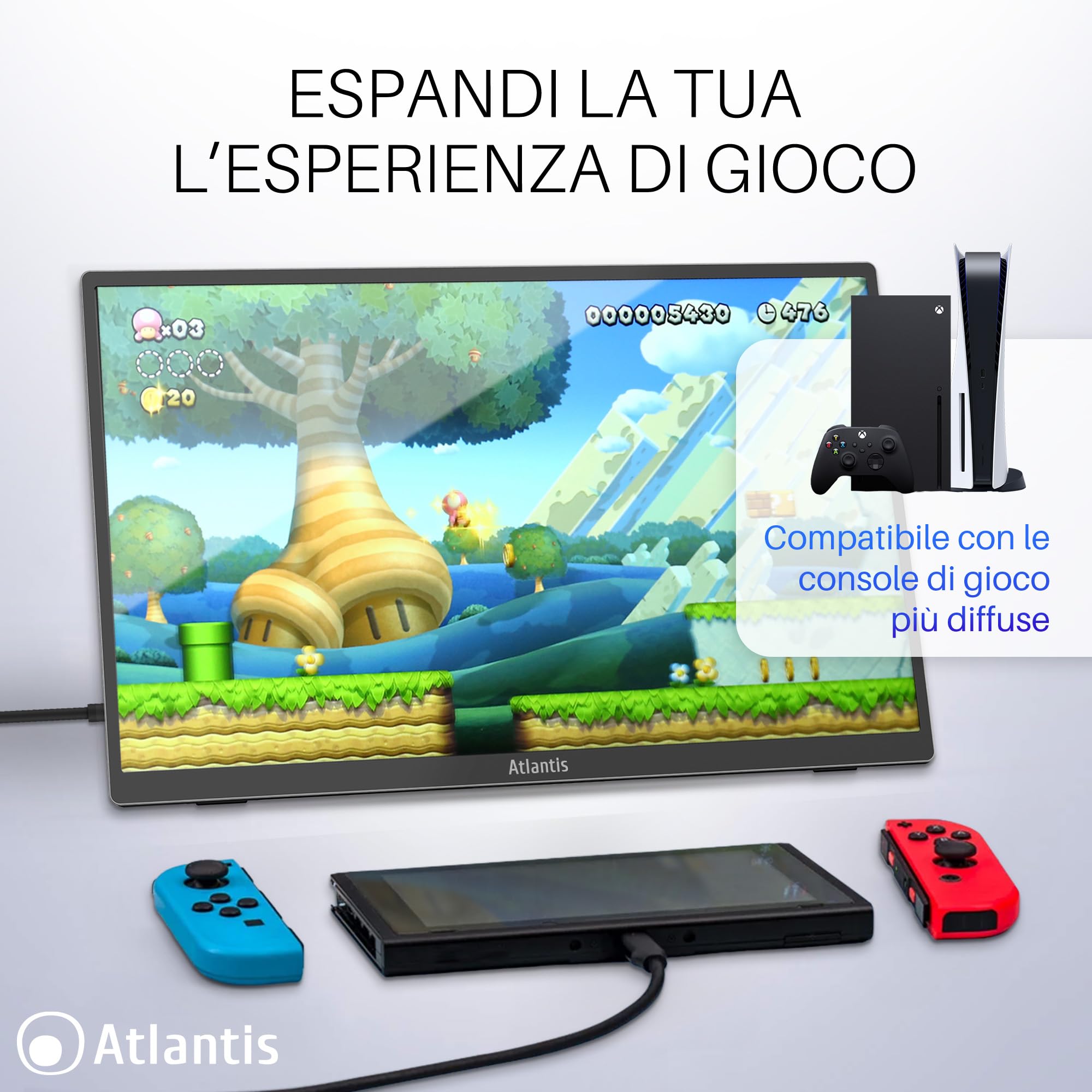 Atlantis Monitor Portatile TouchScreen 16” IPS Full HD HDMI/USB-C, inf 1 kg | Speaker 2x1W, inclinazione regolabile, Pivot, per notebook e console, cavi inclusi, cod. A05-P156LPT