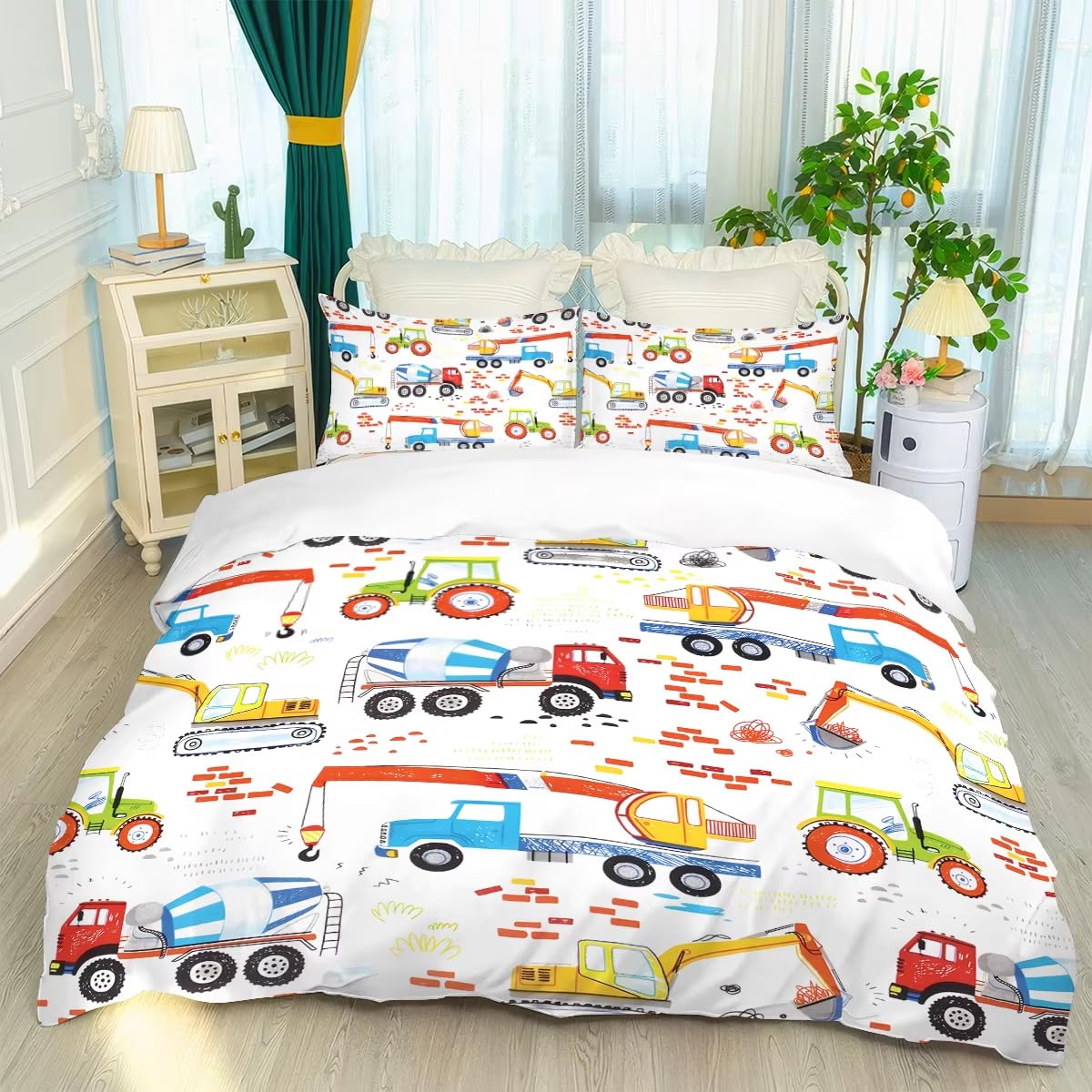 Housse de couette imprimée excavatrice 180x210 cm avec parure de lit 3 pièces
