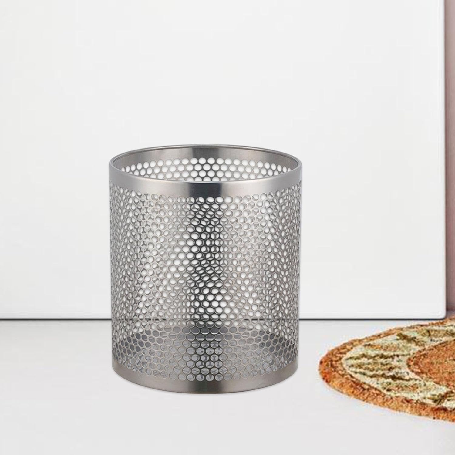 Stainless Steel Trash Can Garbage Container Lightweight Multipurpose Sturdy Trash Bin Mesh Wastebasket for Study Room Dorm, Silver