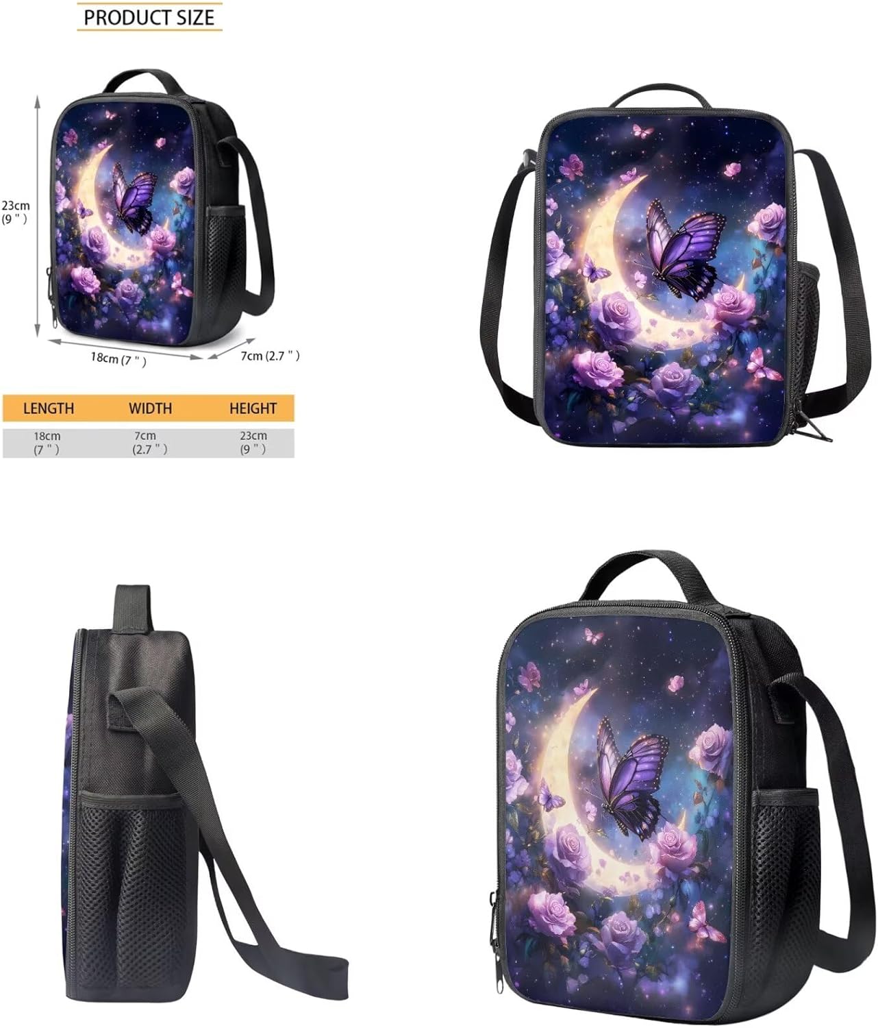 Cozeyat Moon Butterfly Bookbag and Lunch Box Set for Girls Aesthetic Teen Backpack with Lunchbox and Water Bottle Holder 17 inch Kids School Bag for 1st 2nd 3rd Grade Elementary Students