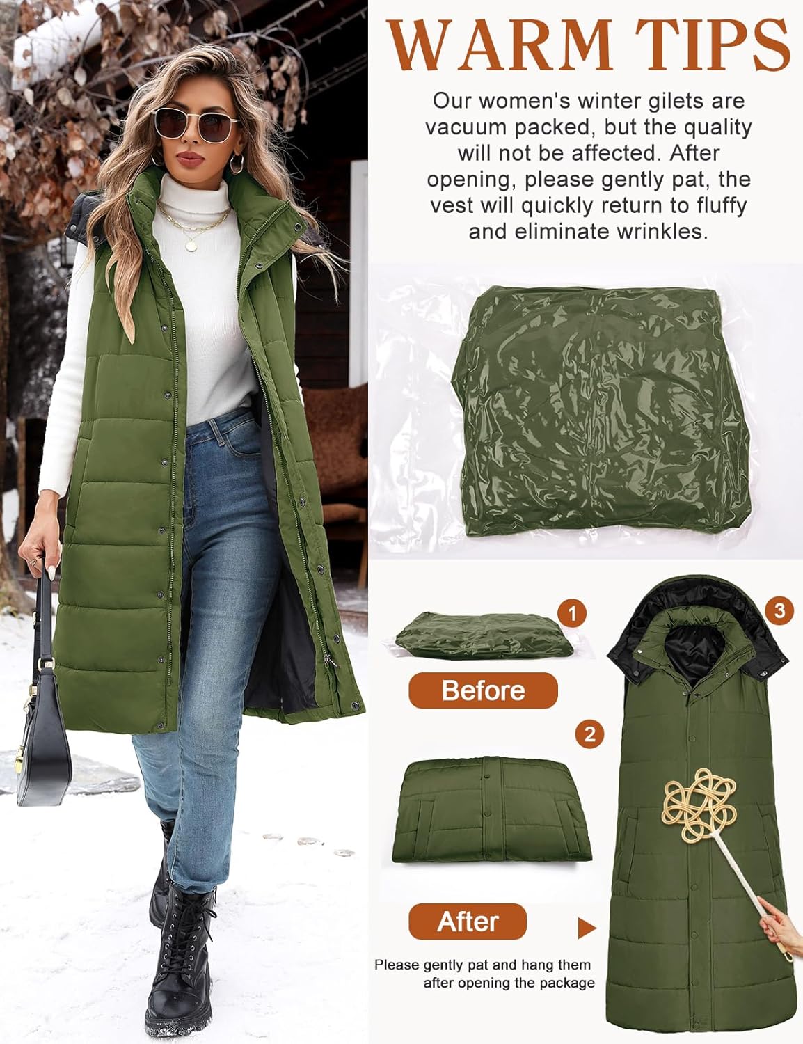 Women's Long Puffer Vest Sleeveless Jacket Fall Winter Zip Up Coat with Removable Hood Quilted Casual Warm Gilet - Image 5