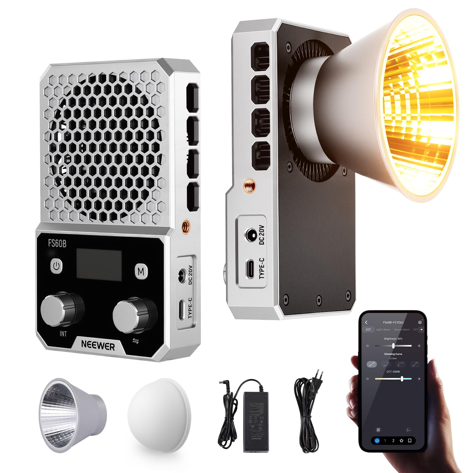 NEEWER 60W Luz Foco LED Compacta de Bolsillo Bi-Color con App & Panel Control, Iluminación Continua COB con 2700K-6500K/CRI96+, Portátil para Fotografía Estudio Profesional Grabación Video, FS60B