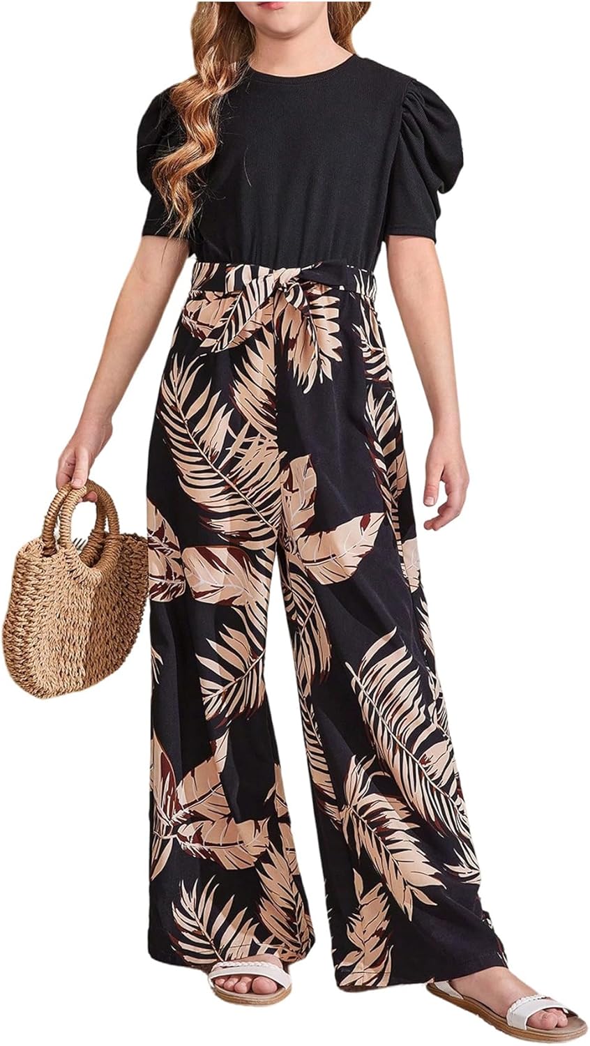 WDIRARA Girls's Casual Graphic Puff Sleeve Bow Belted Wide Leg Jumpsuit