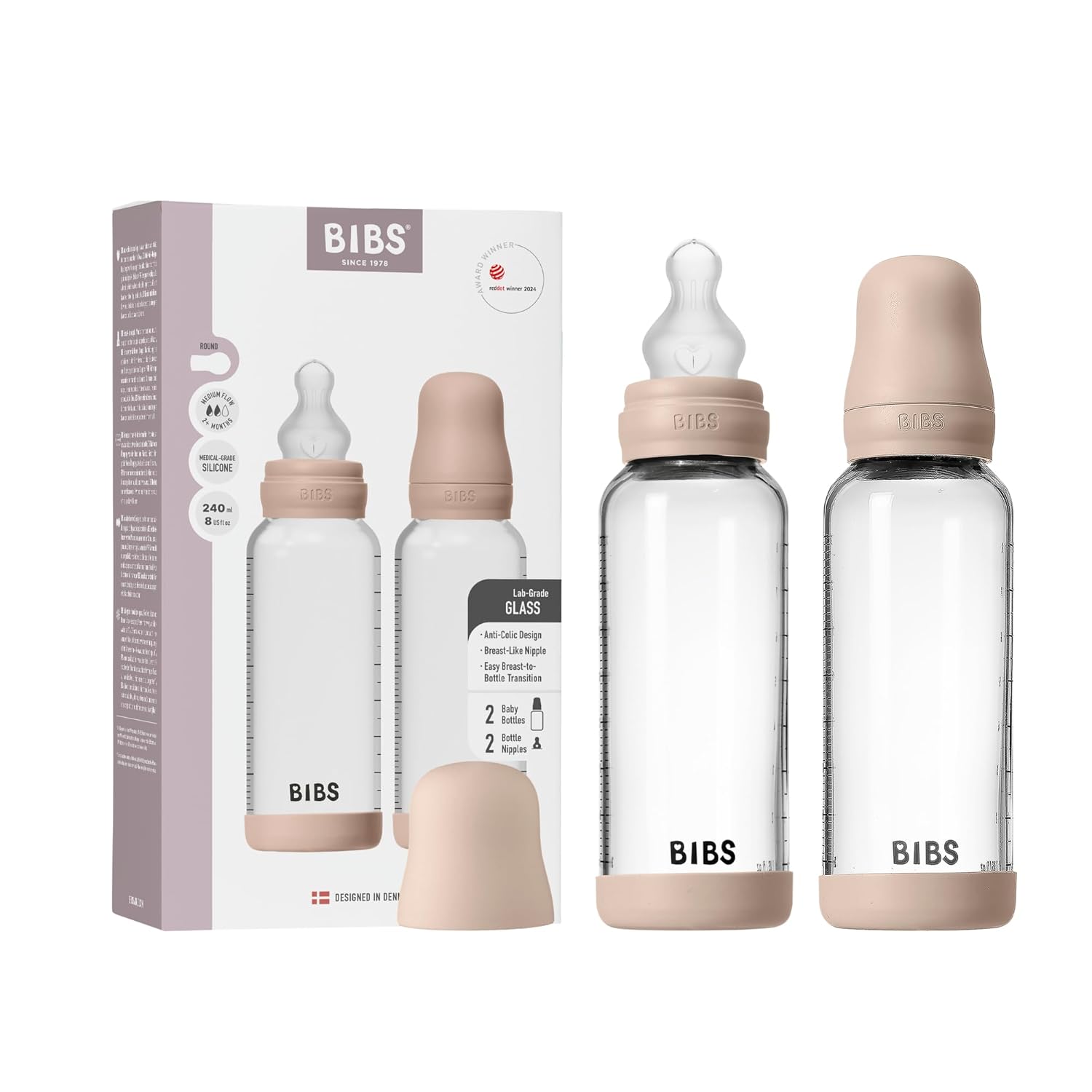 BIBS Baby Glass Bottle 2-Pack 240 ml. Anti-Colic. Vented Round Silicone Nipple. Supports Natural Breastfeeding, Complete Set - 240 ml (Pack of 2), Blush