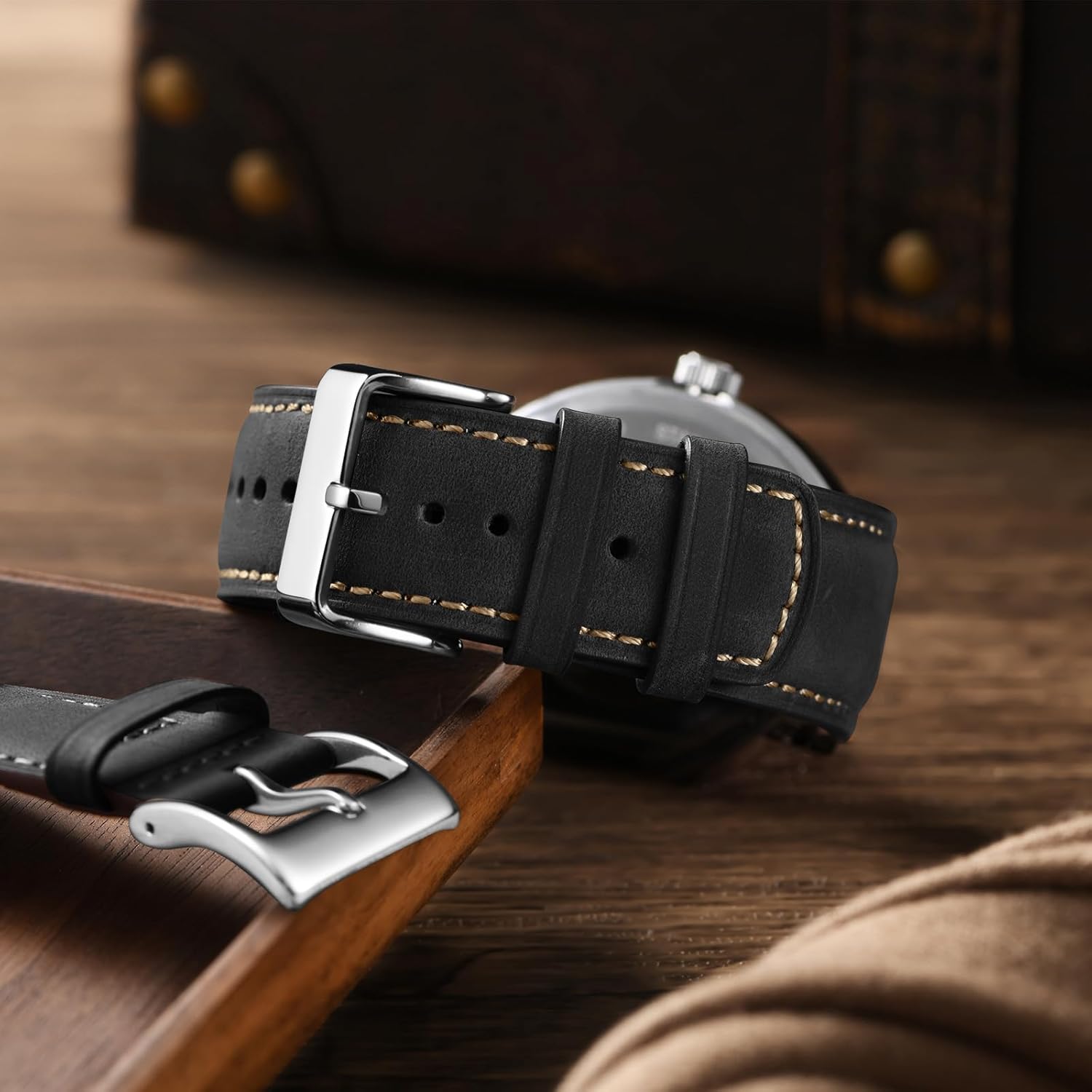 SUNFWR Quick Release Leather Watch Band 20mm for Men Women, Vintage Genuine Leather Strap for Samsung Galaxy Watch 6/Classic/Gear S3/Garmin/Huawei/Timex Watch Bands (20mm, Black/Silver)