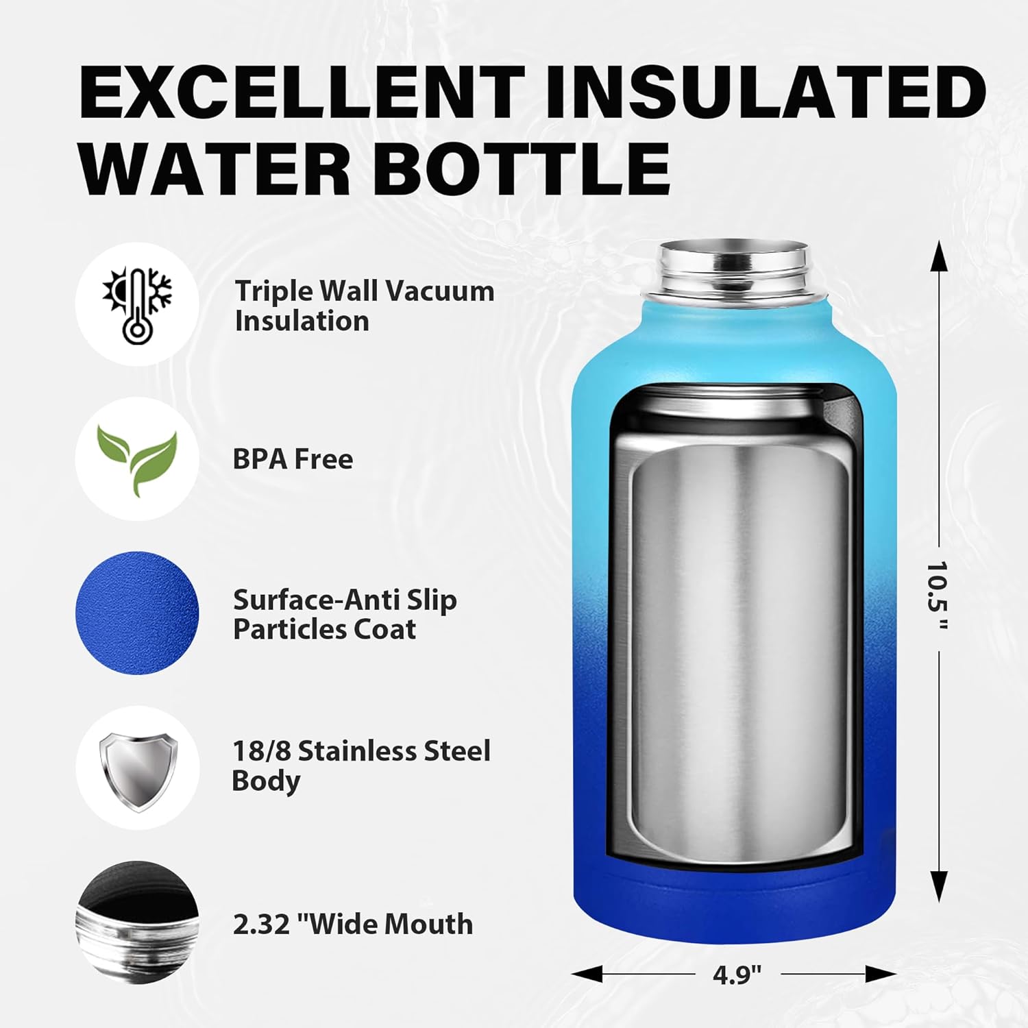 Insulated Water Bottle 64 oz, Triple Wall Vacuum Stainless Steel Water Bottles (Cold for 48 Hrs), Leak Proof & Non-BPA, Half Gallon Water Flask Jug Wide Mouth Straw Lid & Spout Lid - Image 4