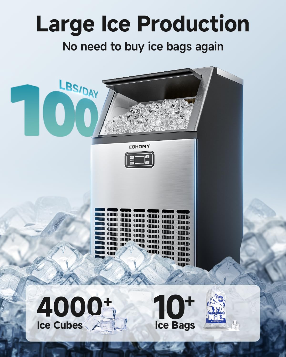 EUHOMY Commercial Ice Maker Machine, 100lbs/24H Stainless Steel Under Counter ice Machine with 33lbs Ice Storage Capacity, Freestanding Ice Maker.