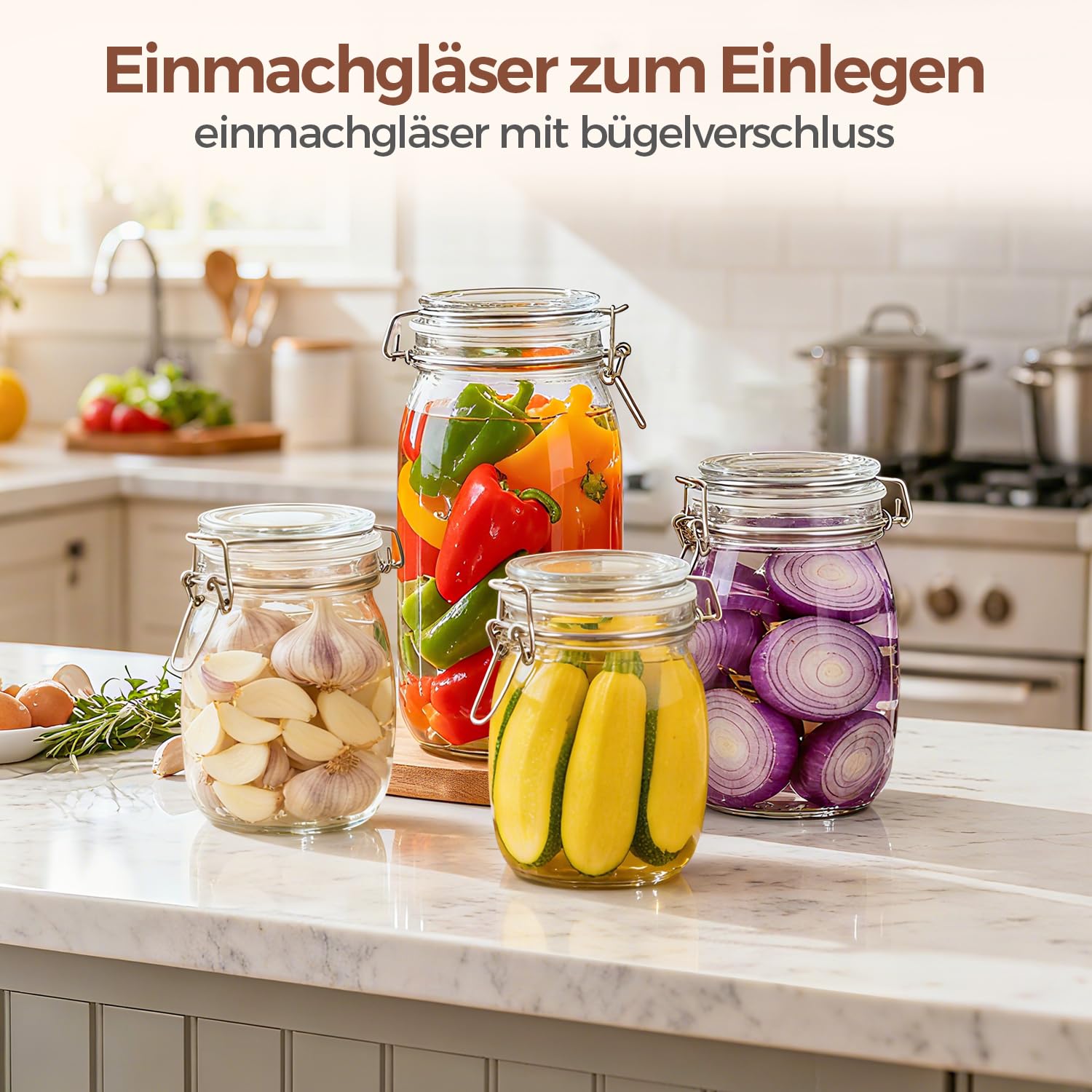 ComSaf 2,3L Luftdichtes Vorratsglas Eckig mit Drahtbügelverschluss 3er-Set, Vorratsgläser mit Deckel, Einmachgläser mit Bügelverschluss, Bügelverschluss für Lebensmittel Konservierung, Drahtbügelglas