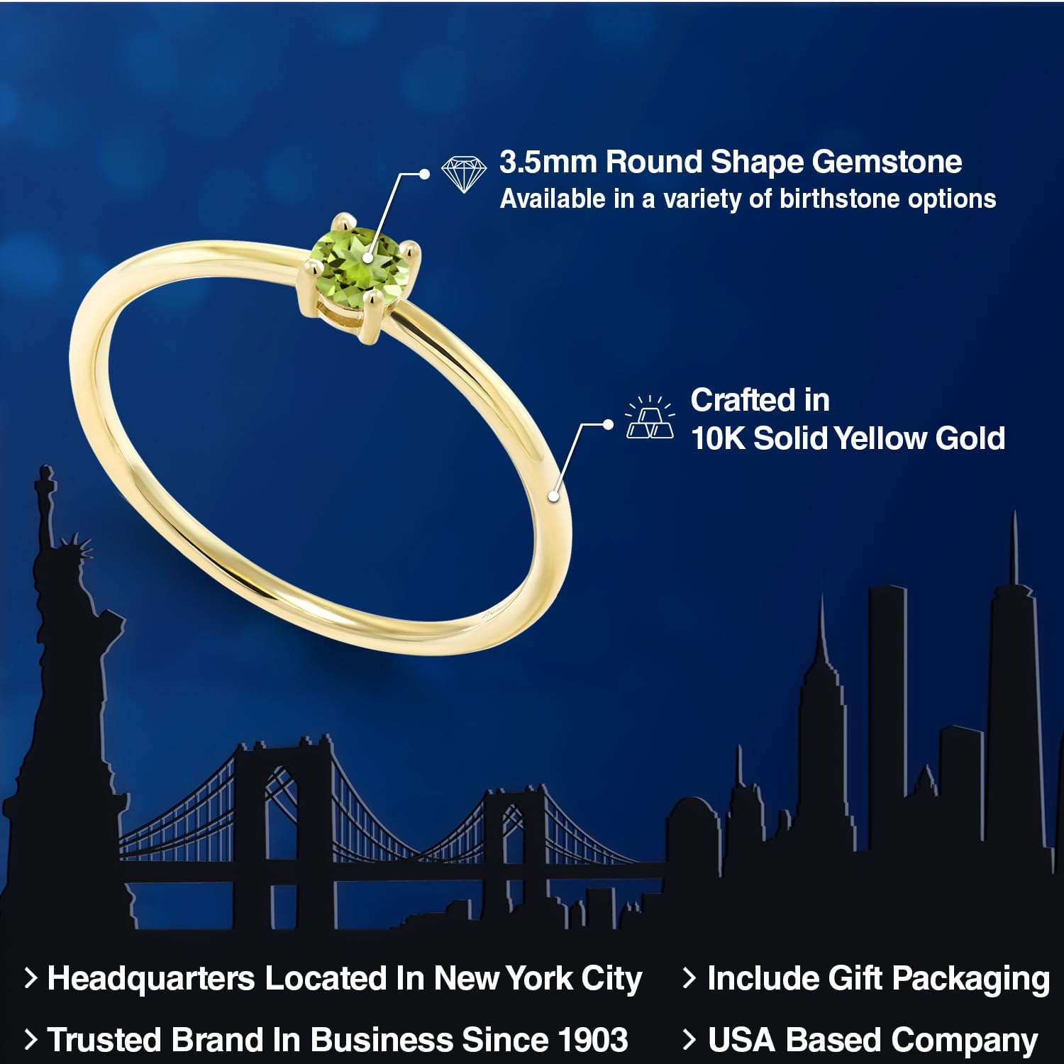 Gem Stone King 10K Yellow Gold 3.5MM Round Gemstone Birthstone Solitaire Engagement Ring | Wedding Anniversary Promise Gold Ring For Women | Available In Size 5, 6, 7, 8, 9