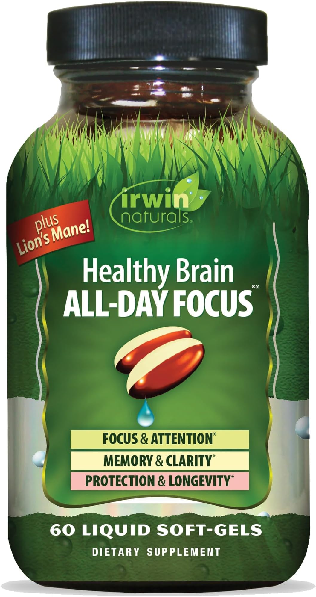 Irwin Naturals Healthy Brain All-Day Focus - 60 Liquid Soft-Gels - Boosts Mental Performance & Promotes Long-Term Brain Health - 30 Servings