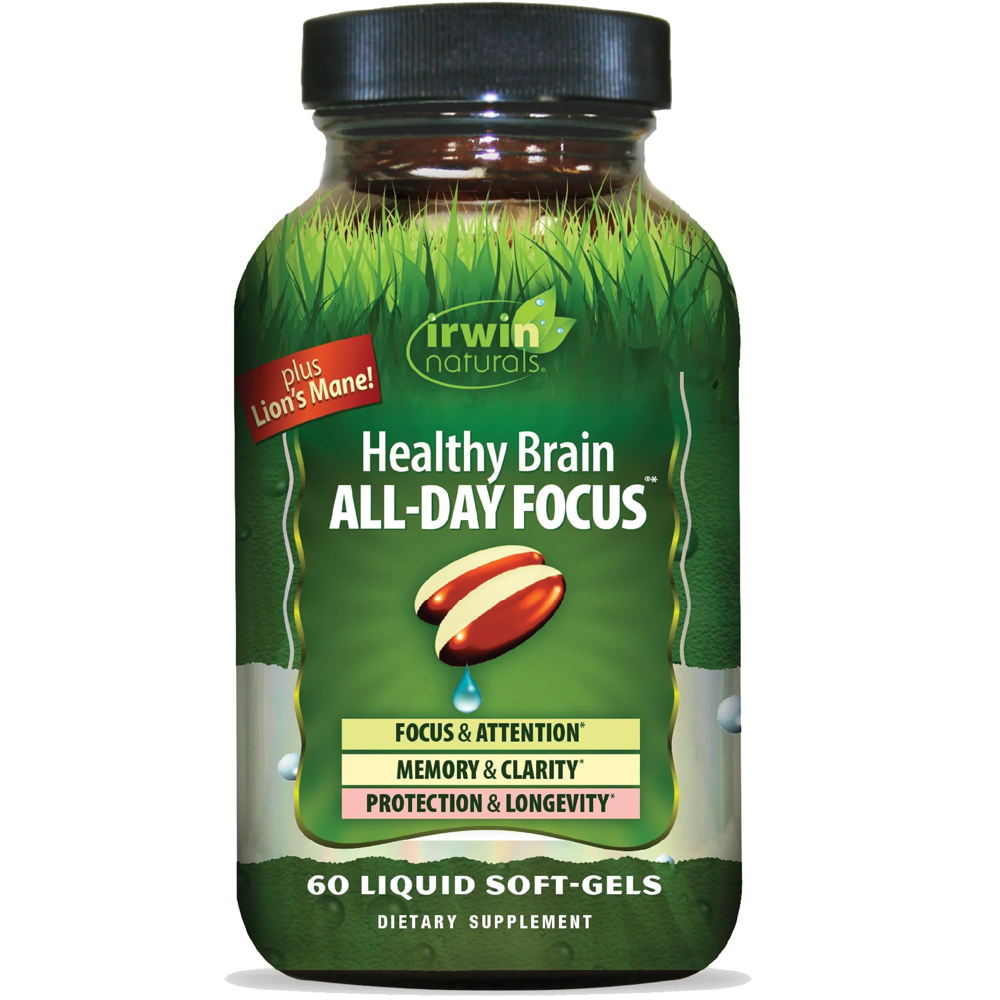 Irwin Naturals Healthy Brain All-Day Focus - 60 Liquid Soft-Gels - Boosts Mental Performance & Promotes Long-Term Brain Health - 30 Servings