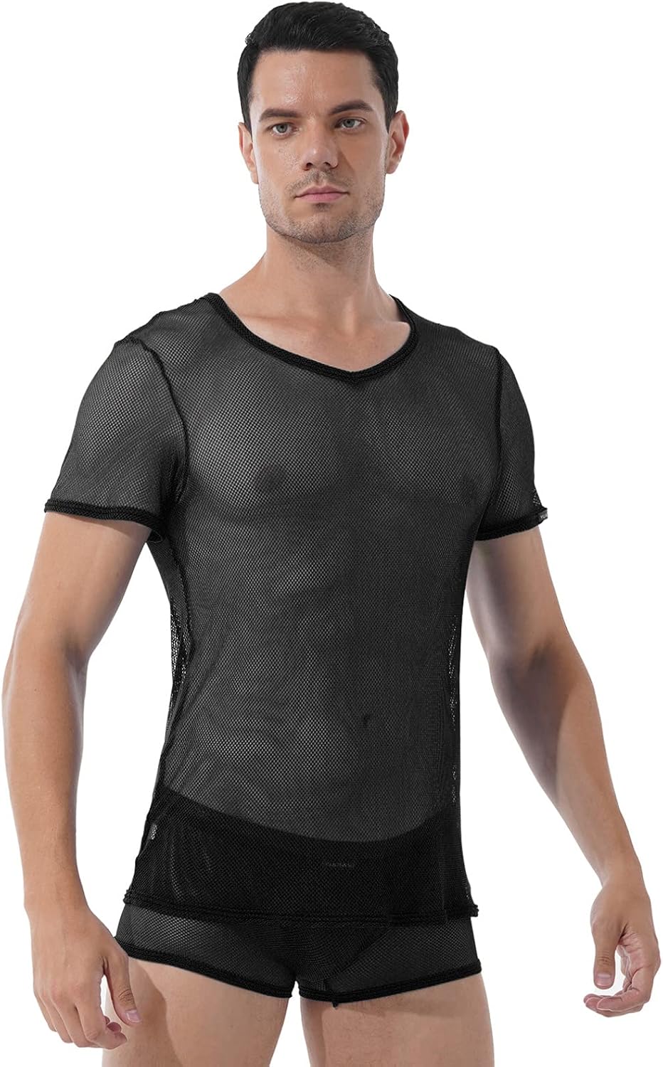 Agoky Men's Mesh Tee Tops Fishnet Muscle See Through Workout Shirt Boxer Shorts Underwear Set