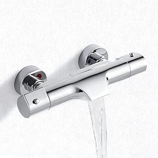 Grifo Ducha Termostático en Cascada Cromo, Grifo Termostatico Bañera con el Botón de Seguridad 38 ℃, Grifo Termostático para Bañera y Ducha de Latón con 2 Salidas de Agua, Montaje en Pared