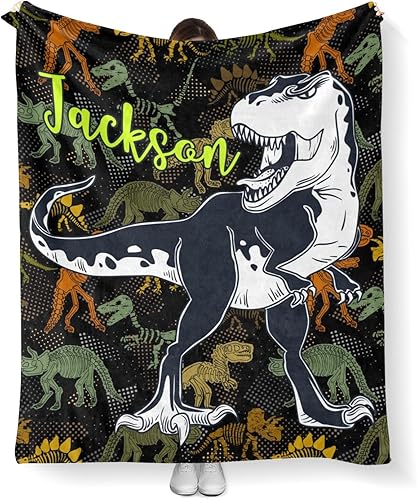 WYMLDFG Manta personalizada de dinosaurio para niños, manta con nombre personalizable, bonita manta suave para niños y niñas, manta de animales