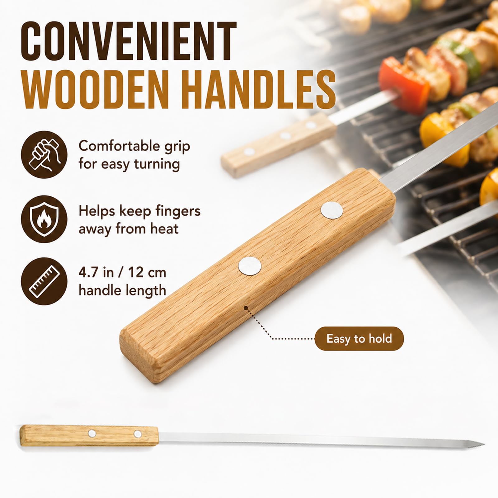 IMEEA Paquete de 8 brochetas planas para barbacoa de 55 cm, de acero inoxidable, 1 cm de ancho, con mango de madera, pincho de metal