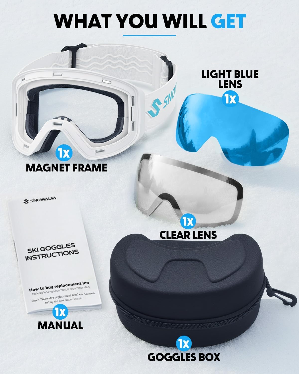 Snowalva Ski Goggles, Snowboard Goggles with 2 UV400 Anti-Fog Detachable Magnet Lenses for Men & Women Adult