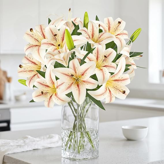 6PCS Artificial Lilies Flowers with Buds, 3D Printing Realistic Fake Lily | 12 Heads and 6 Buds, Short Stem Artificial Lily Flowers. UV-resistant Faux Flowers for Vase, Home, Wedding, Mothering Sunday