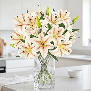 6PCS Artificial Lilies Flowers with Buds, 3D Printing Realistic Fake Lily | 12 Heads and 6 Buds, Short Stem Artificial Lily Flowers. UV-resistant Faux Flowers for Vase, Home, Wedding, Mothering Sunday