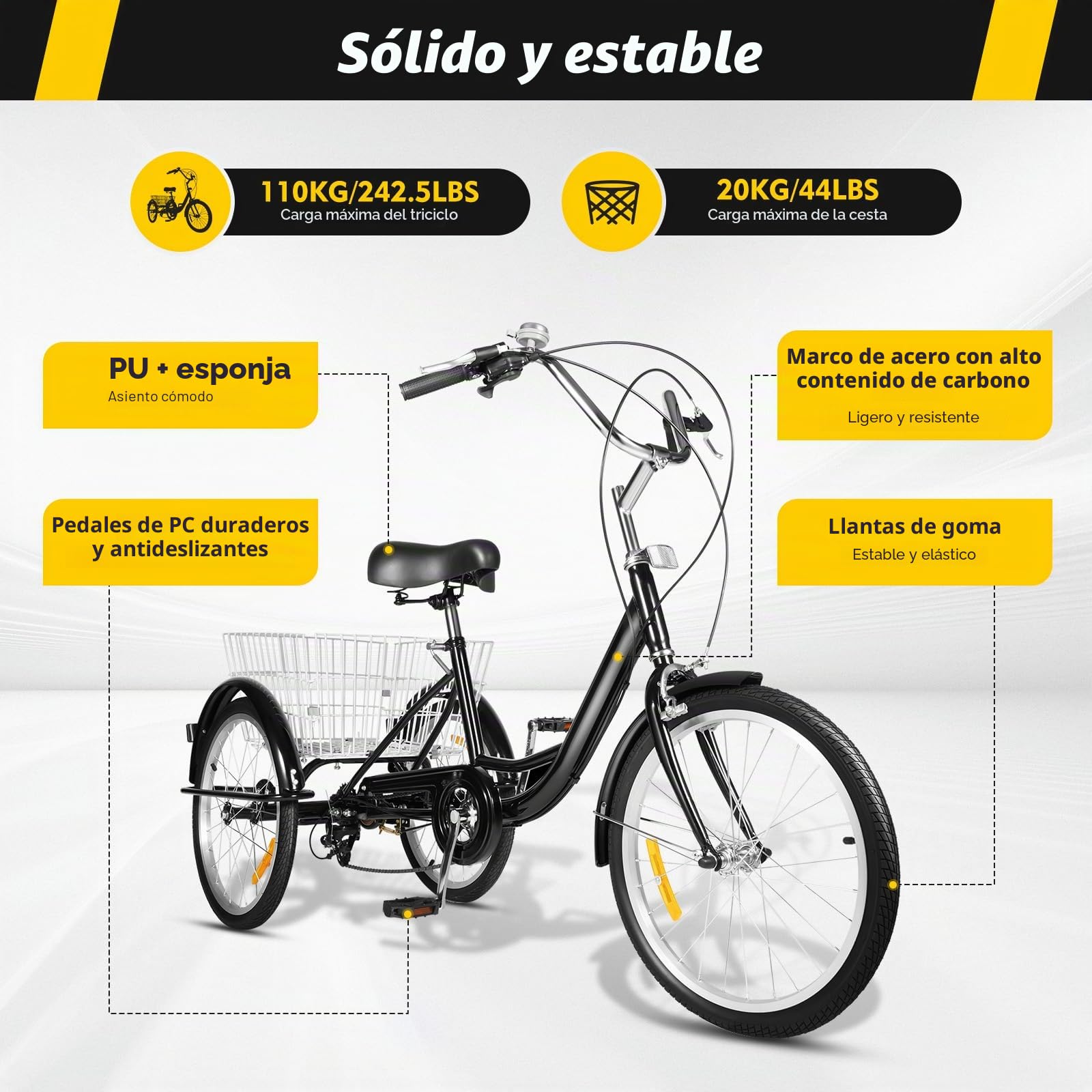 Triciclo adulto de 20 pulgadas, 8 velocidades, bicicleta de 3 ruedas con cesta trasera grande, asiento ajustable y manillar, marco de acero de alto carbono, bicicleta para personas mayores