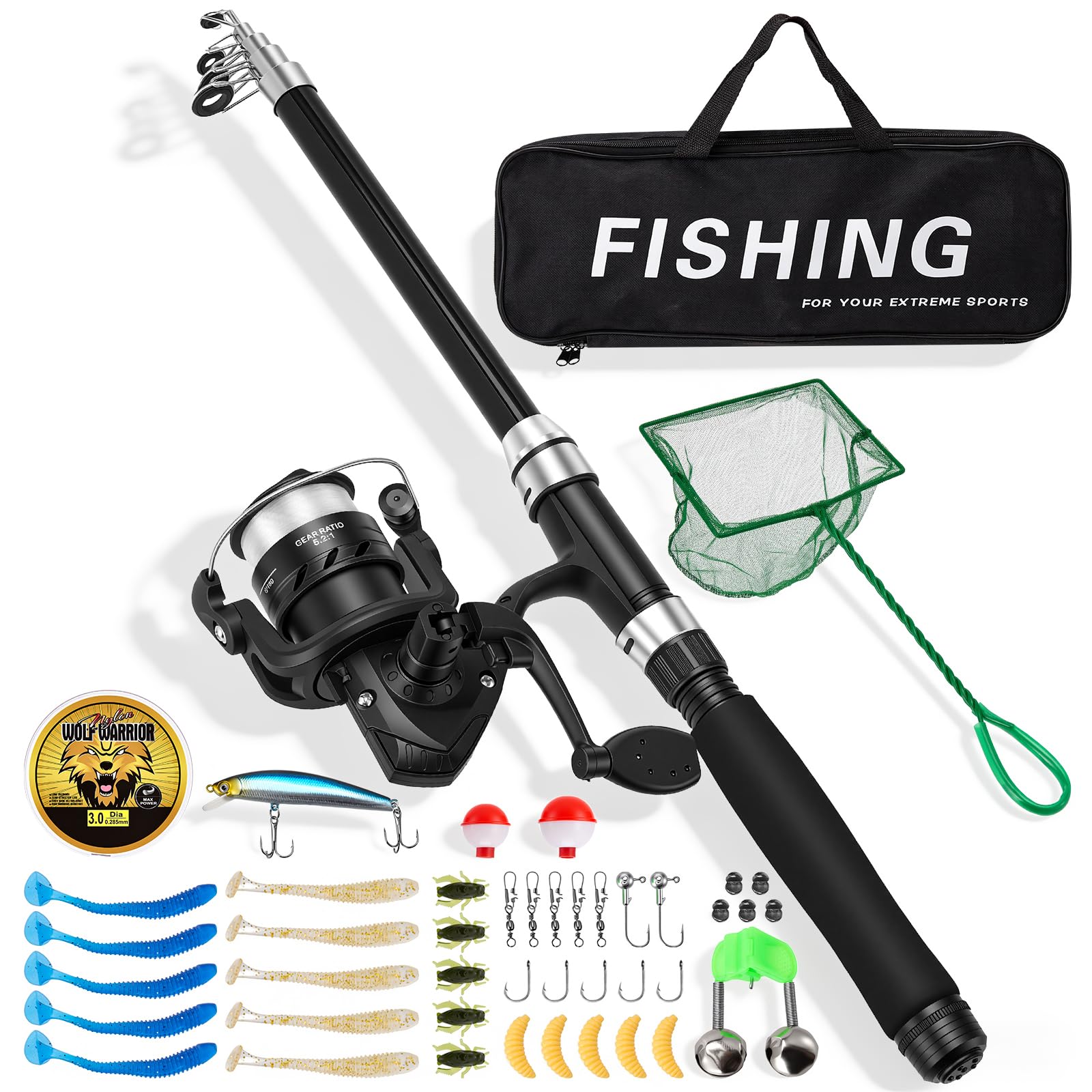 Telescopic Fishing Rod and Reel Combo 1.8m, 45pcs Sea and Freshwater Portable Fishing Kit with Tackle Box Lures and Accessories, Carbon Fibre Travel Fishing Pole Set for Men Women