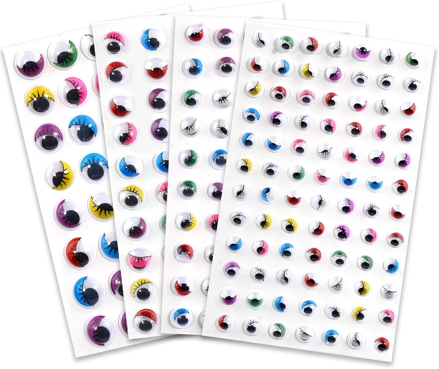 SHANGRLA Colored Googly Eyes Stickers with Eyelashes – Self Adhesive Wiggle Eyes for Crafts, Assorted Sizes Small and Large (8mm, 10mm, 12mm, 15mm), Easy Peel and Stick On Decorations, 4 Sheets
