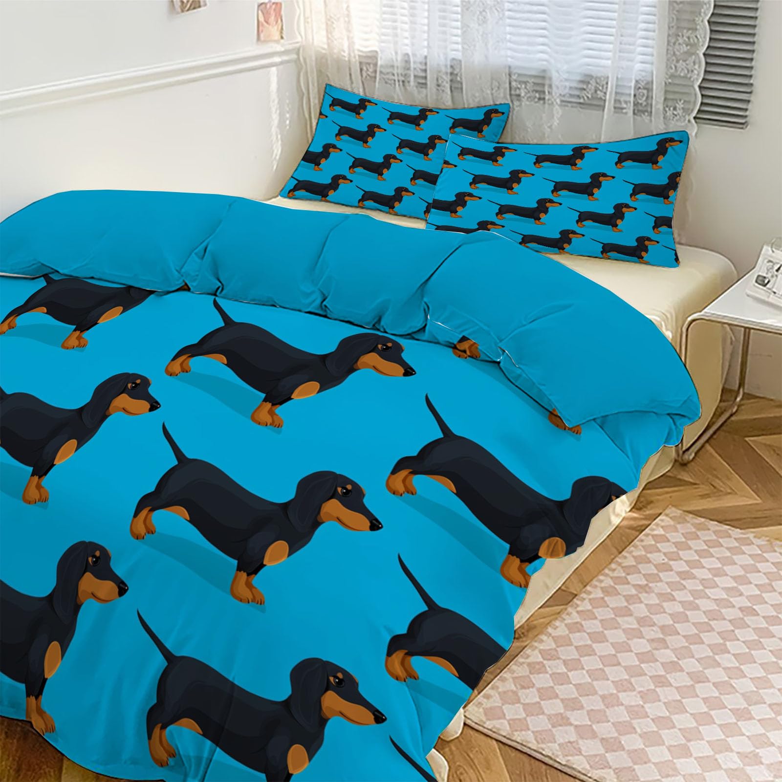Housse de Couette Teckel Bleu Anti-Rides avec Fermeture Éclair 140x200cm