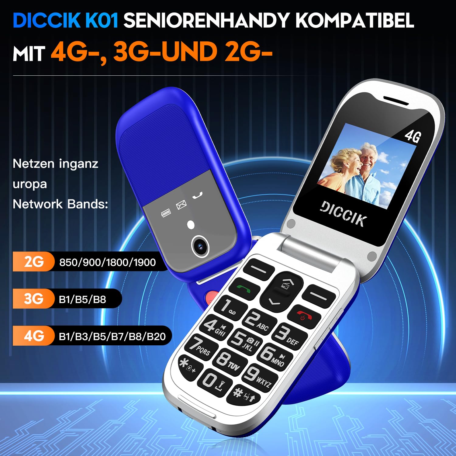 Diccik K1 4G Telefono Cellulare per Anziani, Flip Telefoni Cellulari Tasti Grandi, Funzione HAC,Pantalla 1.7", Volume Alto, Funzione SOS(nero)